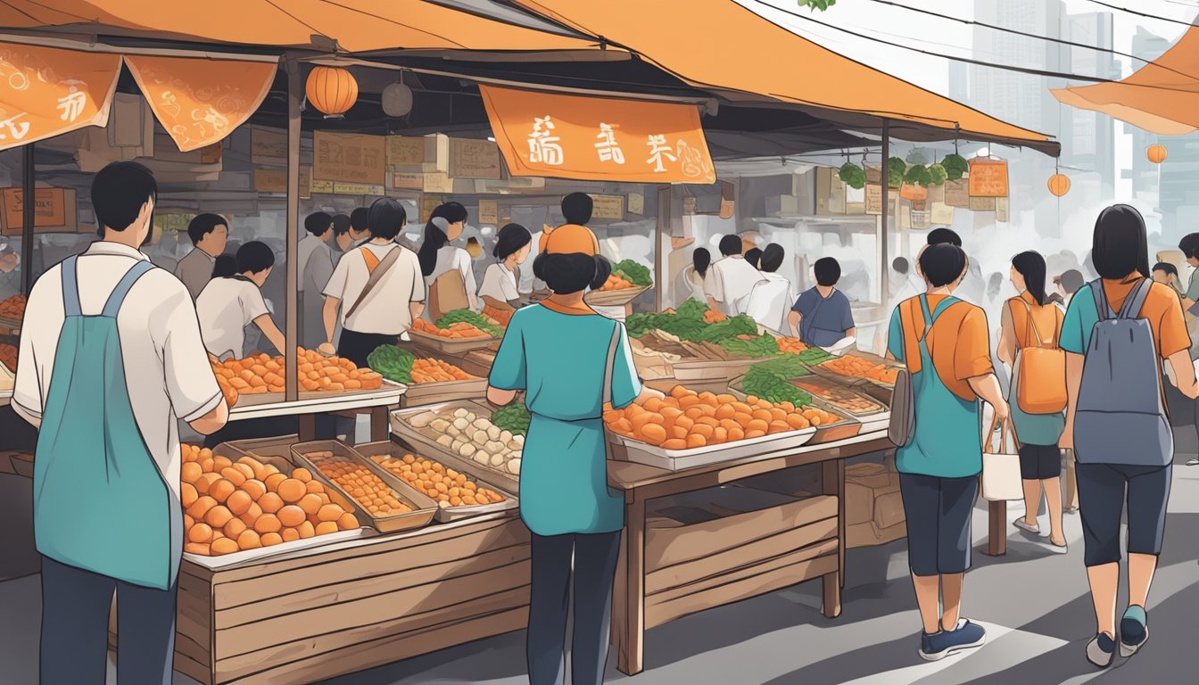 A bustling Singapore market stall sells vibrant mentaiko, attracting eager customers