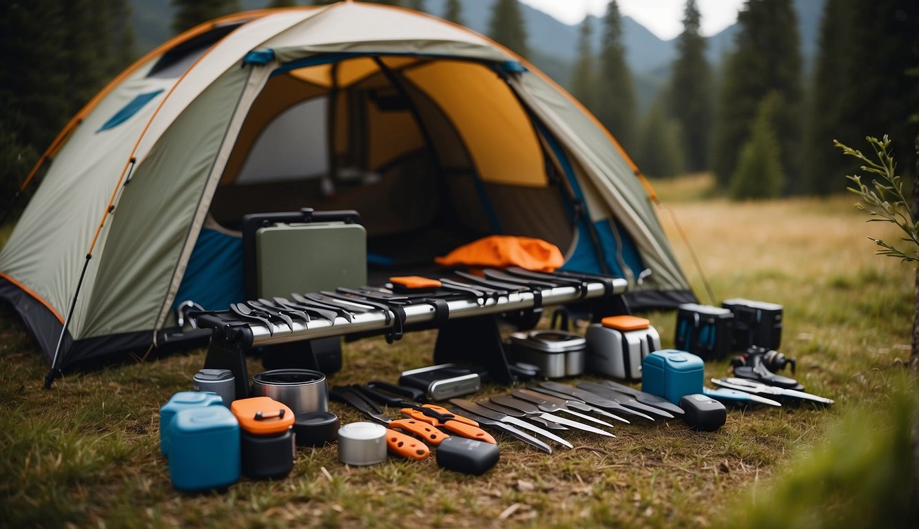 A camping scene with a variety of knife storage solutions, including magnetic strips, sheaths, and hanging racks, surrounded by outdoor gear and equipment