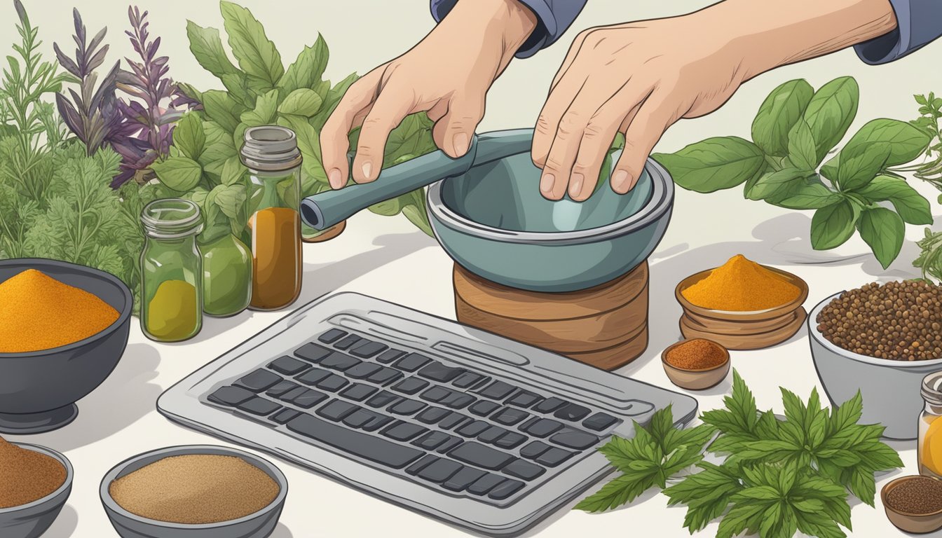 A hand reaches for a mortar and pestle on a computer screen, surrounded by various herbs and spices
