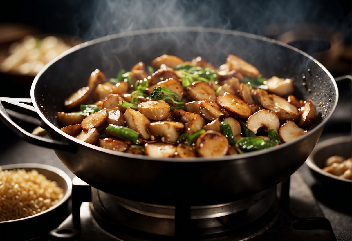 Chicken and mushrooms sizzle in a hot wok, as they are tossed and stirred with a blend of soy sauce, ginger, and garlic in a traditional Chinese stir-fry