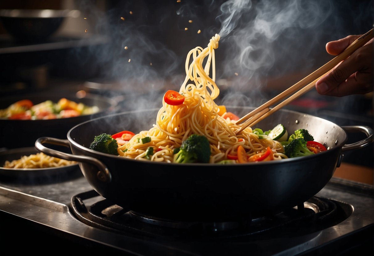 A wok sizzles with stir-fried vegetables and Chinese noodles. Steam rises as the chef tosses the ingredients with chopsticks