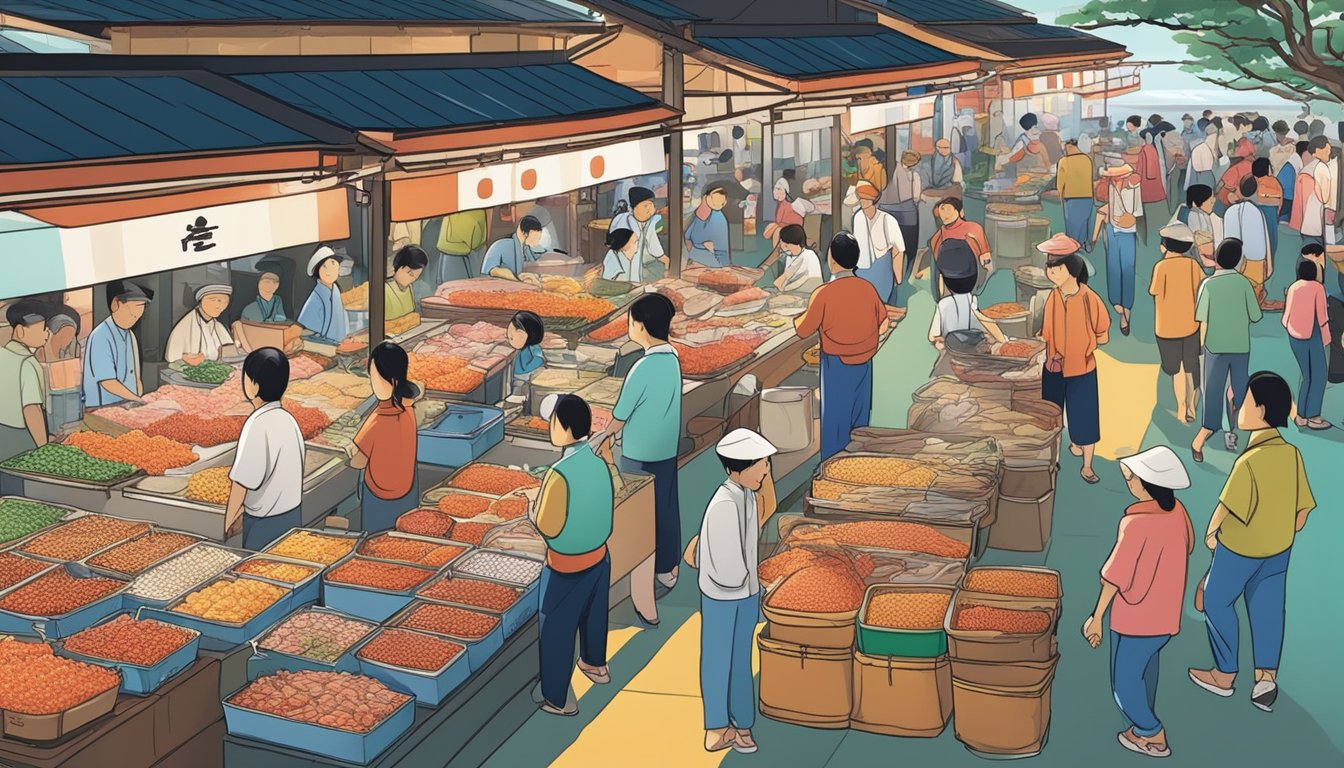 A bustling seafood market in Singapore, with colorful signs advertising "Mentaiko" and vendors showcasing various types of the popular Japanese marinated fish roe