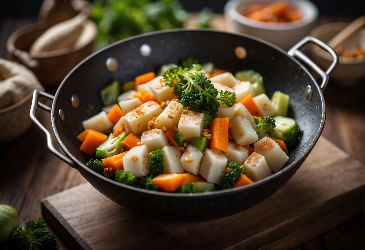 Chinese yam being sliced and stir-fried in a wok with vegetables and seasonings