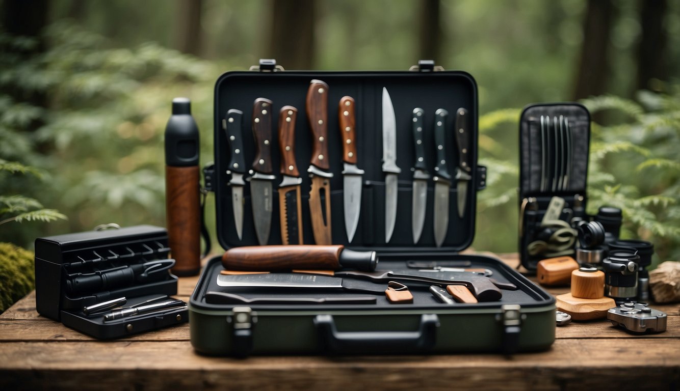 A campsite with a variety of knife storage solutions, including magnetic strips, sheaths, and compact organizers, set against a backdrop of outdoor gear and nature