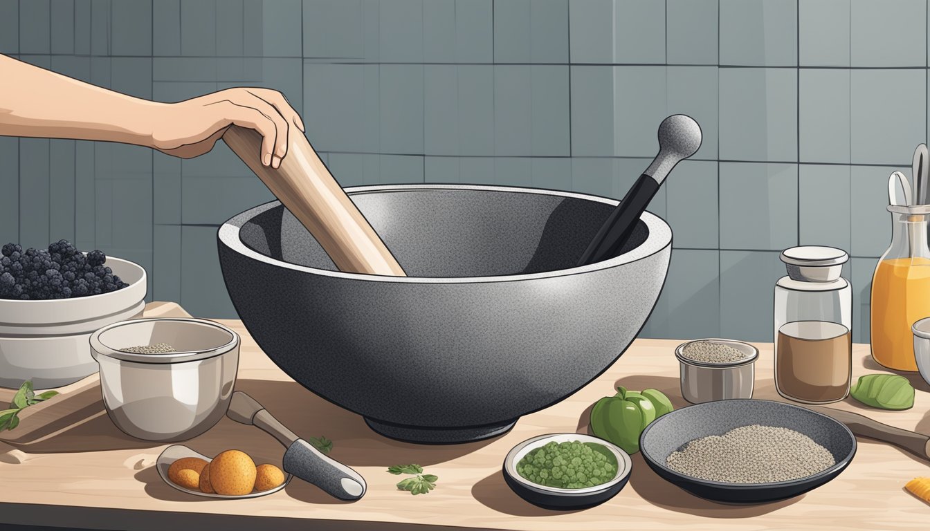 A hand reaches for a sleek granite mortar and pestle on a kitchen counter, surrounded by various other options available for purchase online