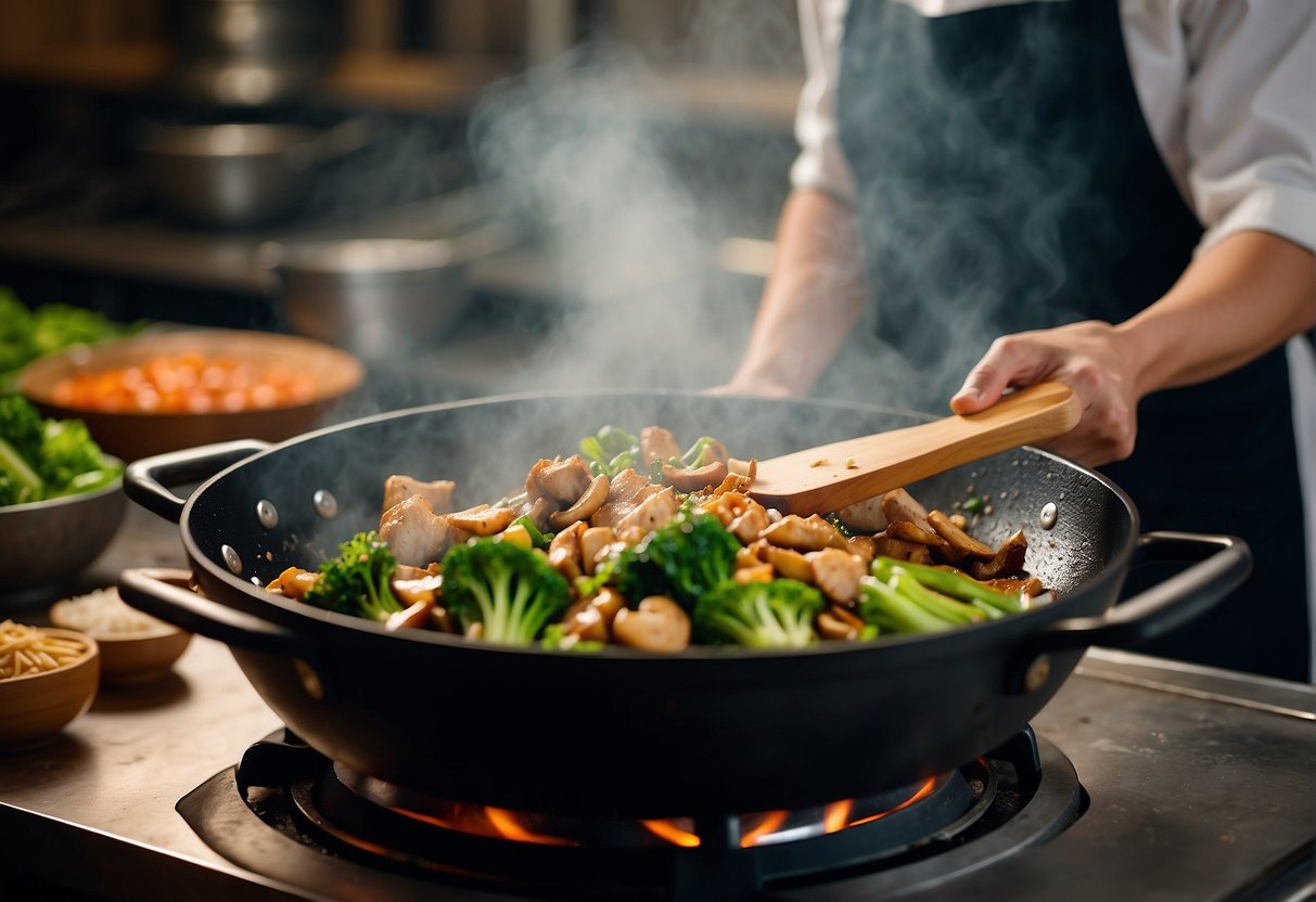 A sizzling wok with stir-fried chicken, mushrooms, and vibrant green vegetables. Steam rises as the chef tosses the ingredients with a wooden spatula