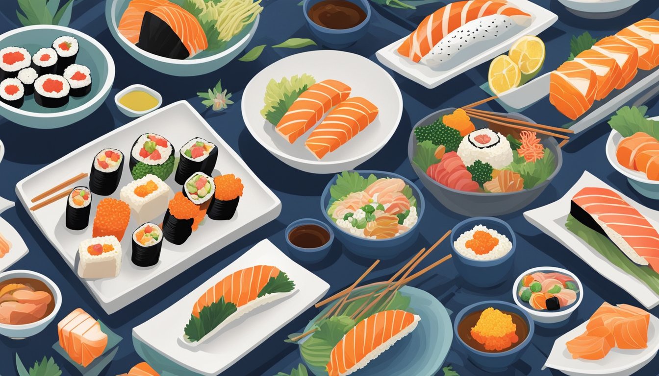 A table set with a variety of mentaiko dishes, including sushi, pasta, and rice bowls. Bright, fresh ingredients and vibrant colors create an inviting scene