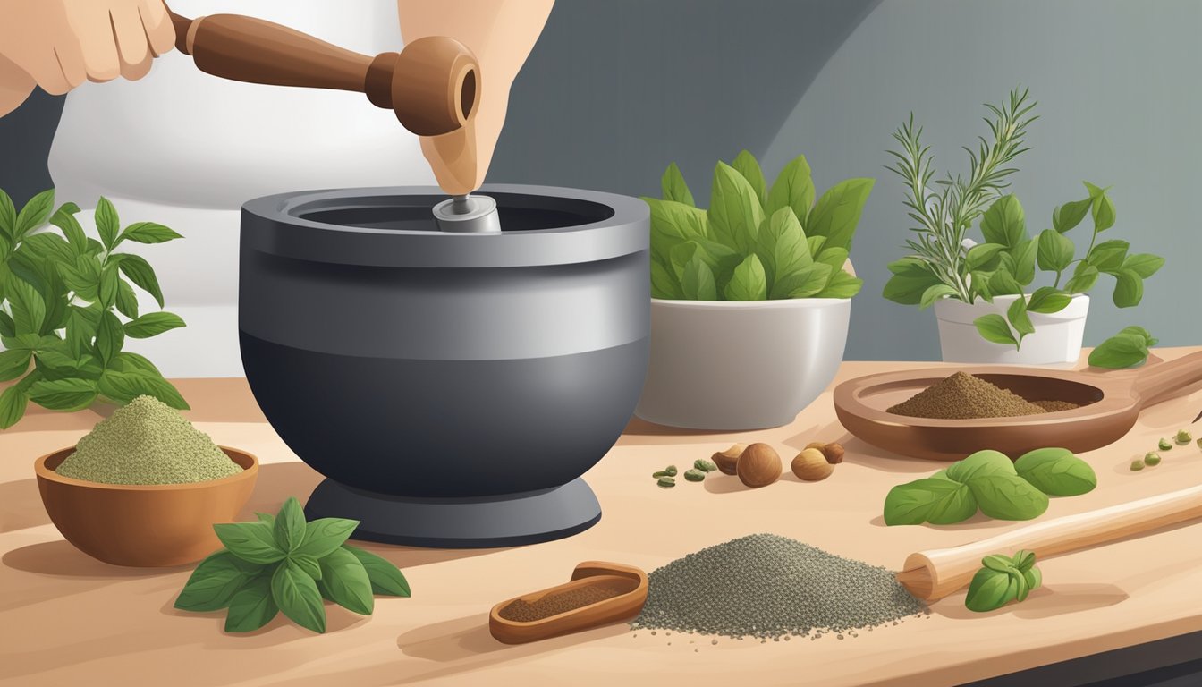 A hand holding a mortar and pestle, grinding and blending herbs and spices with precision and skill. The tools are displayed on a clean, well-lit countertop, ready for use