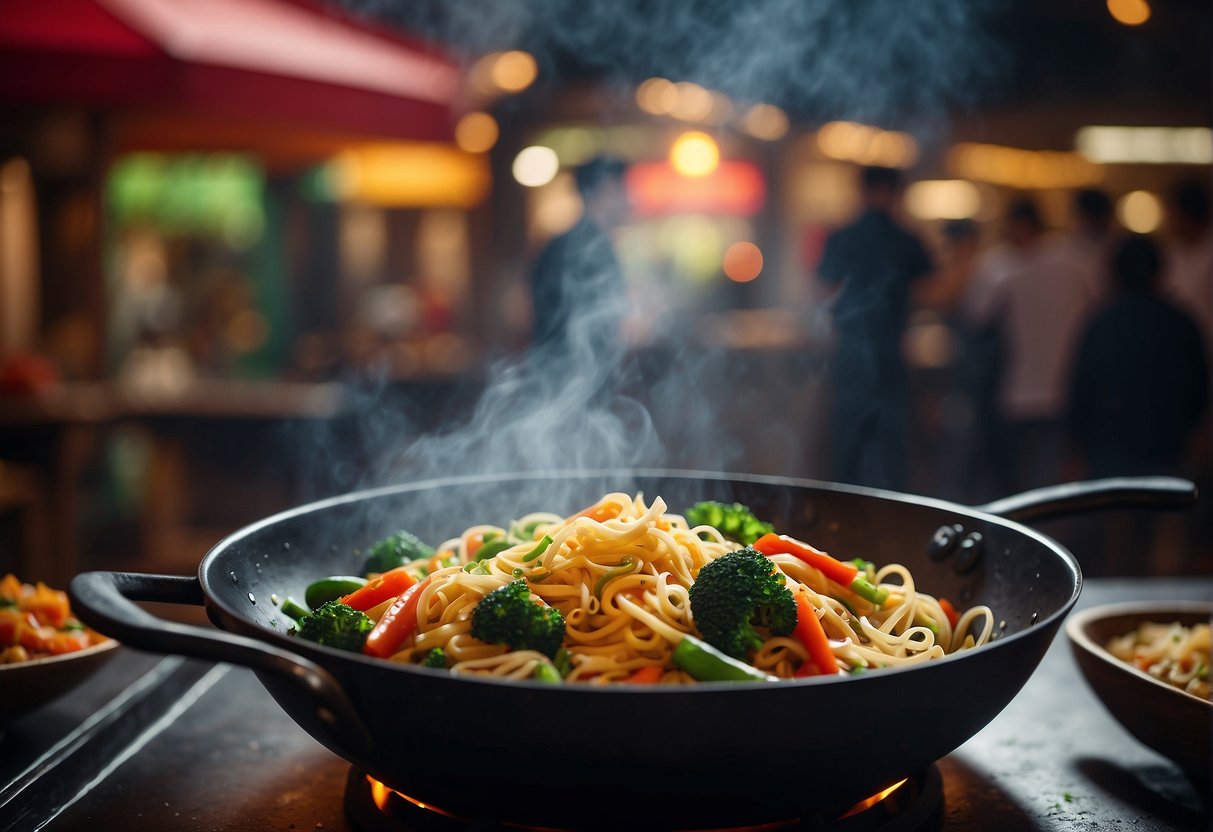 A steaming wok sizzles with stir-fried vegetables and Chinese noodles, the aroma of ginger and garlic filling the air