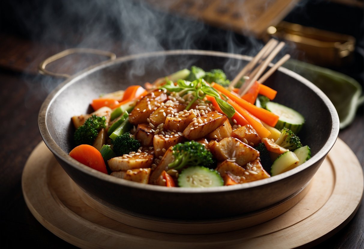 A steaming wok sizzles with Chinese yam stir fry, surrounded by fresh vegetables, soy sauce, and sesame oil. A pair of chopsticks rests nearby, ready to toss and serve