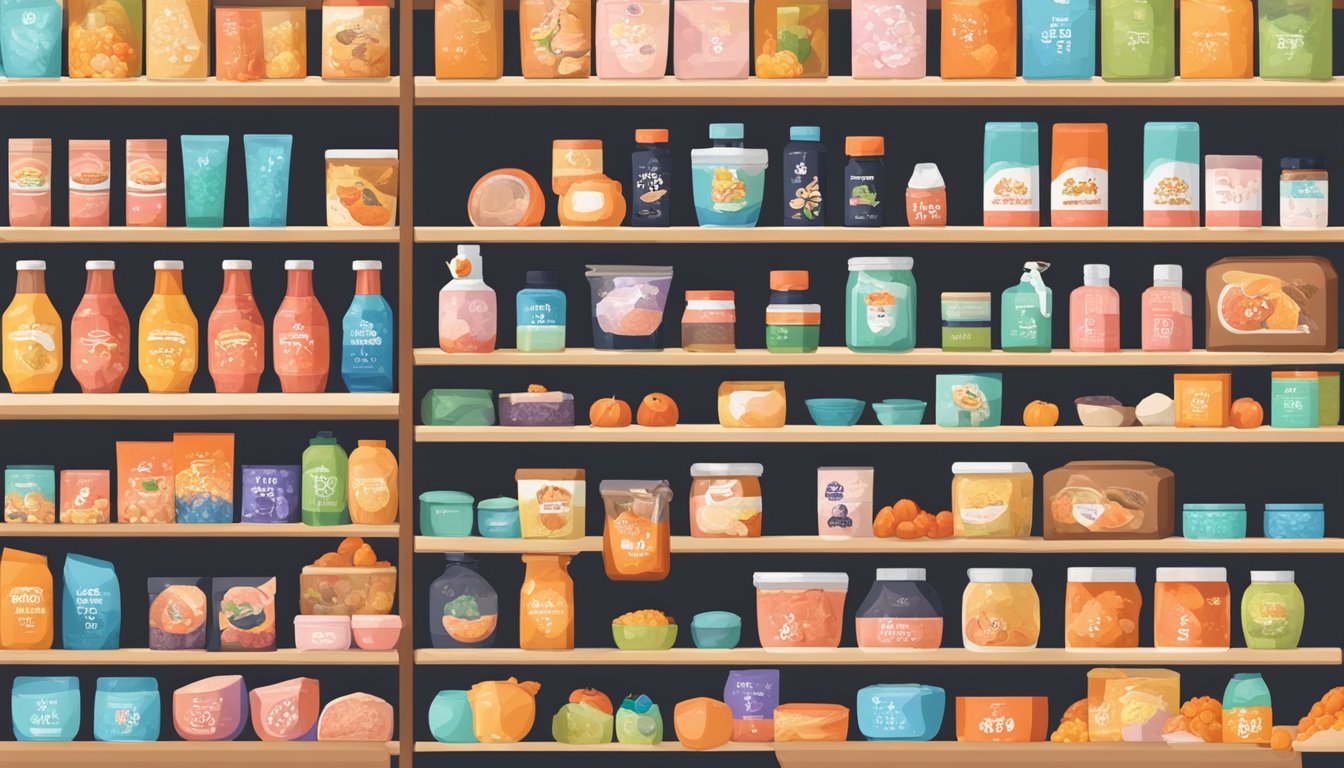 A display of various mentaiko products on shelves with a sign indicating "Frequently Asked Questions" about where to buy in Singapore