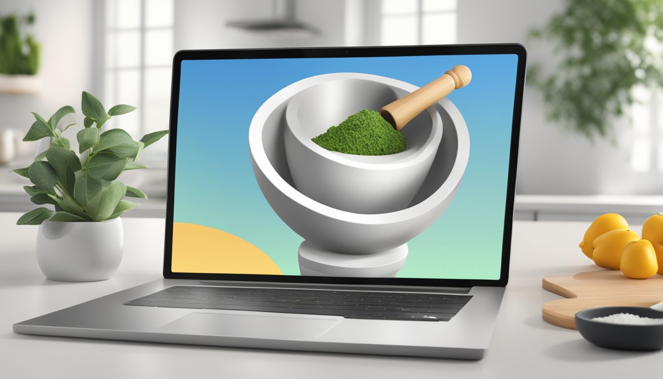 A mortar and pestle sitting on a clean, white countertop with a laptop open to a webpage titled "Frequently Asked Questions: mortar and pestle buy online."
