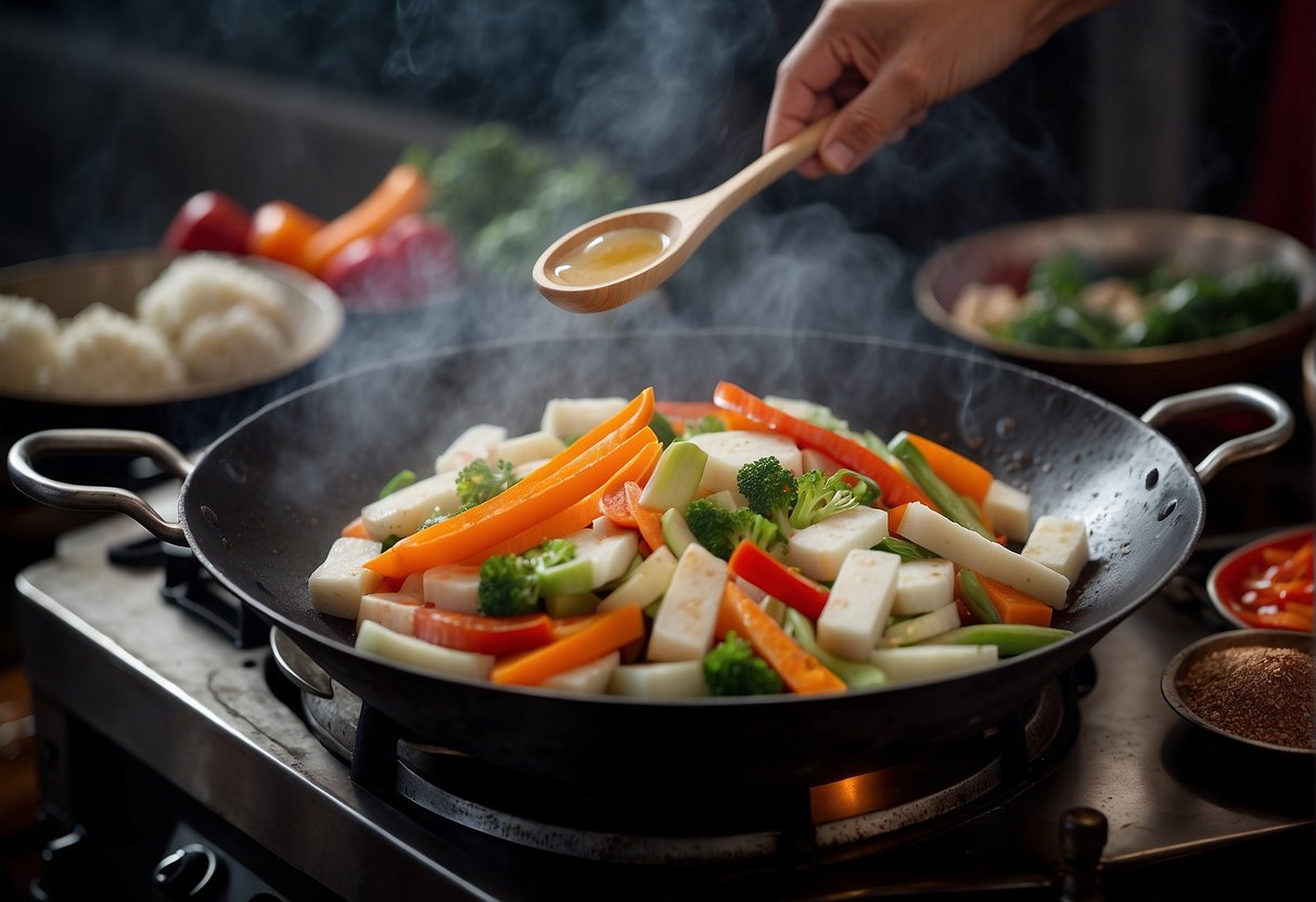 Chinese yam slices sizzle in a hot wok, surrounded by colorful vegetables and aromatic spices. Steam rises as the ingredients are tossed and stir-fried to perfection
