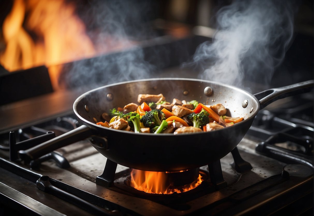 A wok sizzles with chicken, mushrooms, and vegetables in a fragrant stir-fry sauce. Steam rises as the ingredients are tossed together over high heat