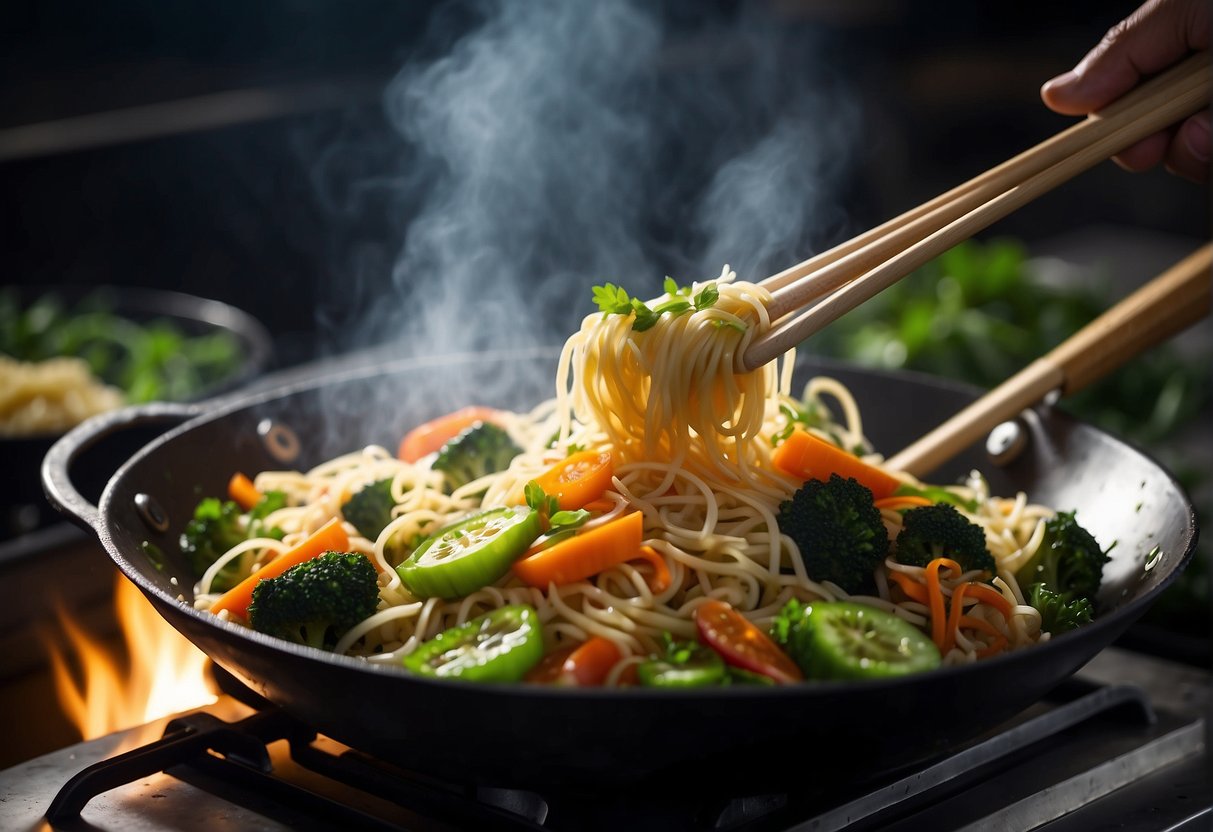 A wok sizzles as vegetables and noodles are stir-fried together. Steam rises as the dish is plated and garnished with fresh herbs