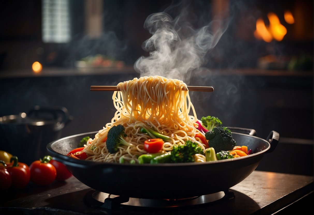 A steaming wok filled with stir-fried Chinese noodles and colorful vegetables, sizzling and emitting a savory aroma