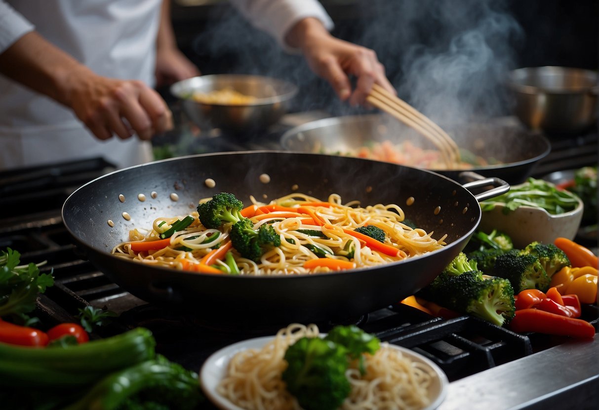 A wok sizzles with stir-fried vegetables and Chinese noodles. Steam rises as the chef adds a flavorful sauce, creating a mouthwatering dish