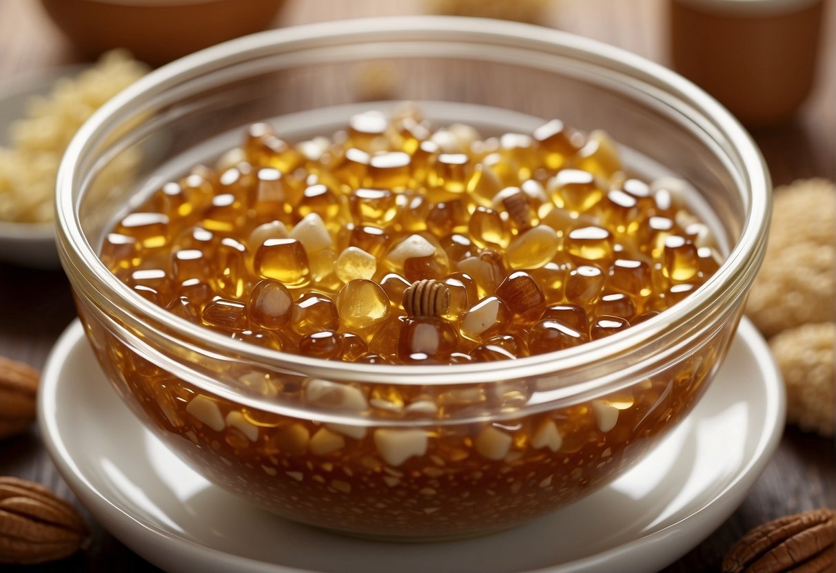 A table filled with ingredients like sugar, honey, nuts, and sesame seeds. A pot bubbling with melted sugar and honey, while a mixer blends the ingredients together