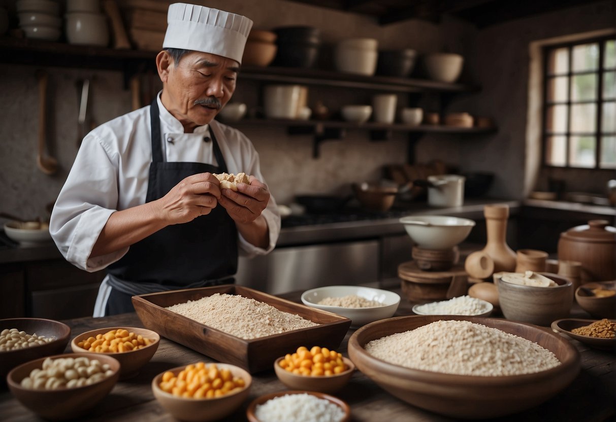 A traditional Chinese kitchen with ingredients and tools laid out for making nougat. A chef carefully follows a handwritten recipe passed down through generations