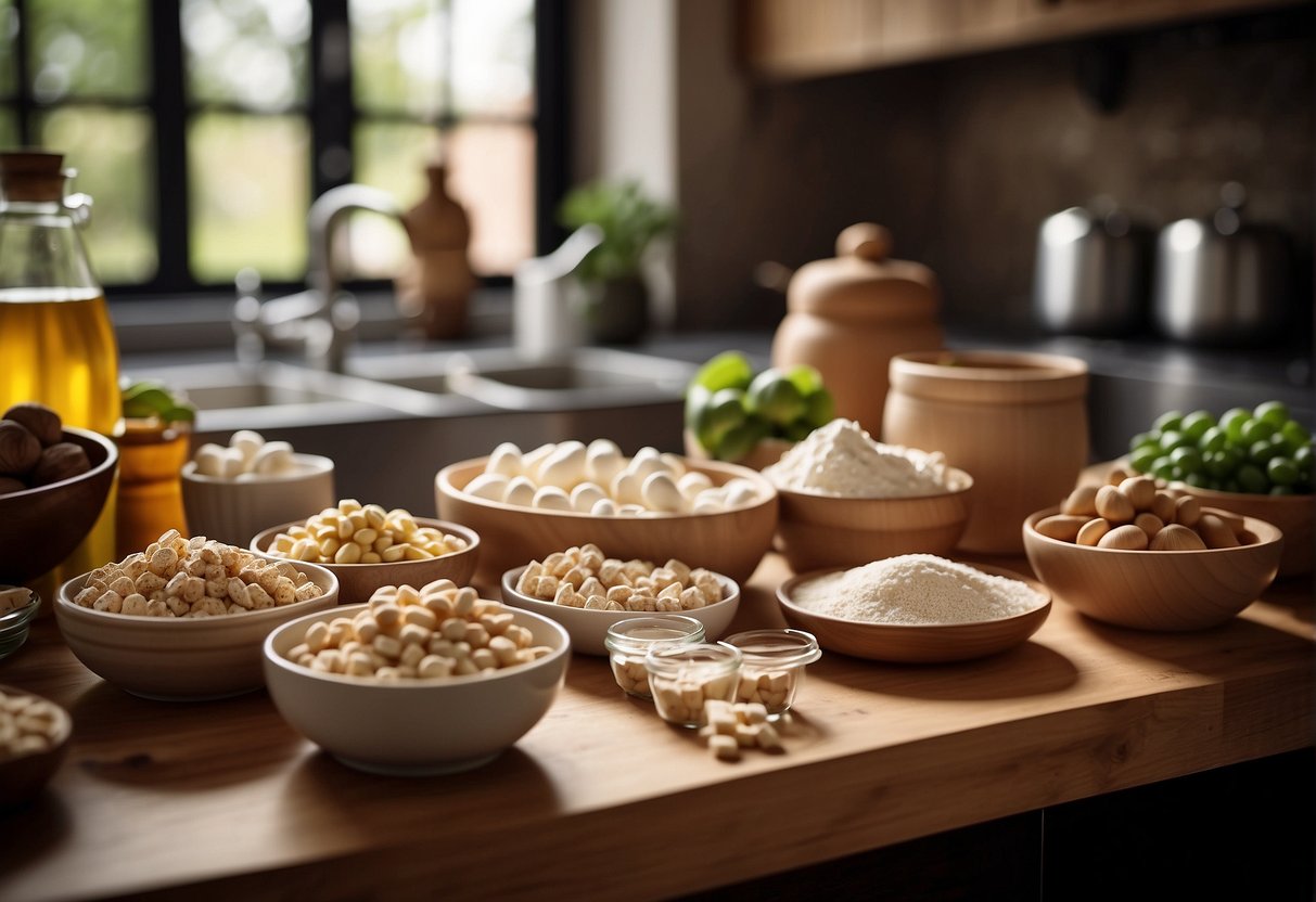 A kitchen counter with ingredients and tools for making Chinese nougat