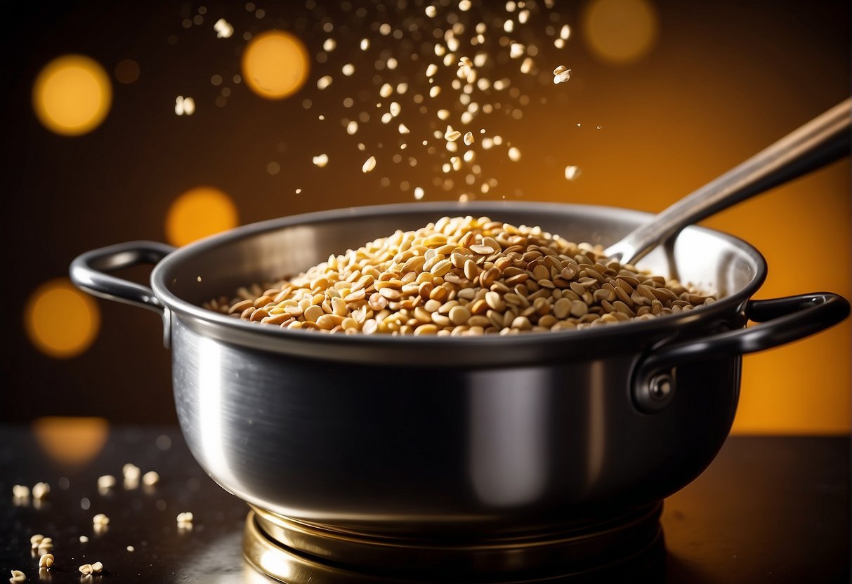 A pot of boiling sugar syrup, mixed with nuts and sesame seeds, being stirred until golden brown