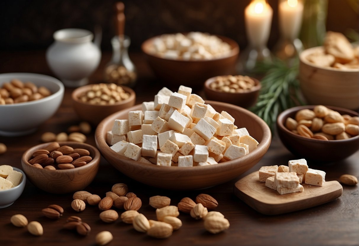 A table with ingredients and tools for making Chinese nougat