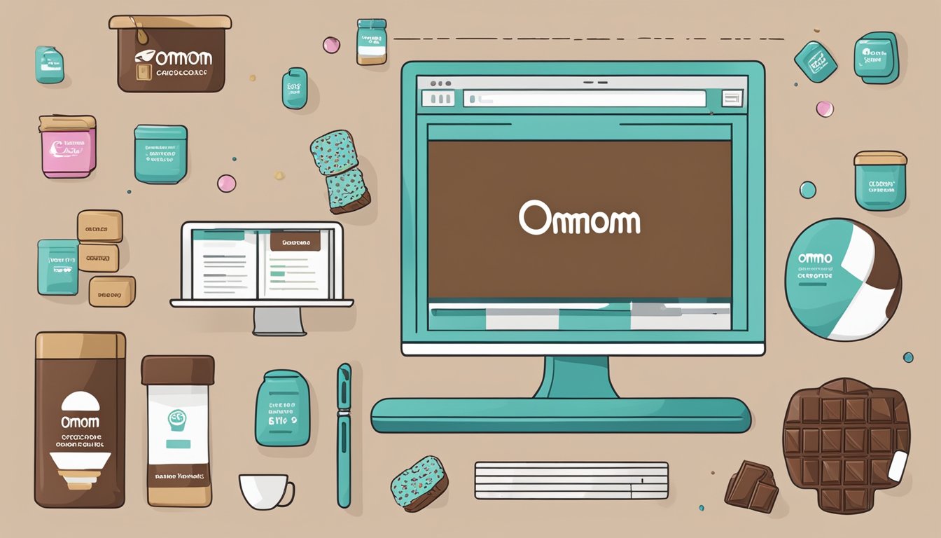 A computer screen displaying an online store with the words "omnom chocolate buy online" and a variety of chocolate products