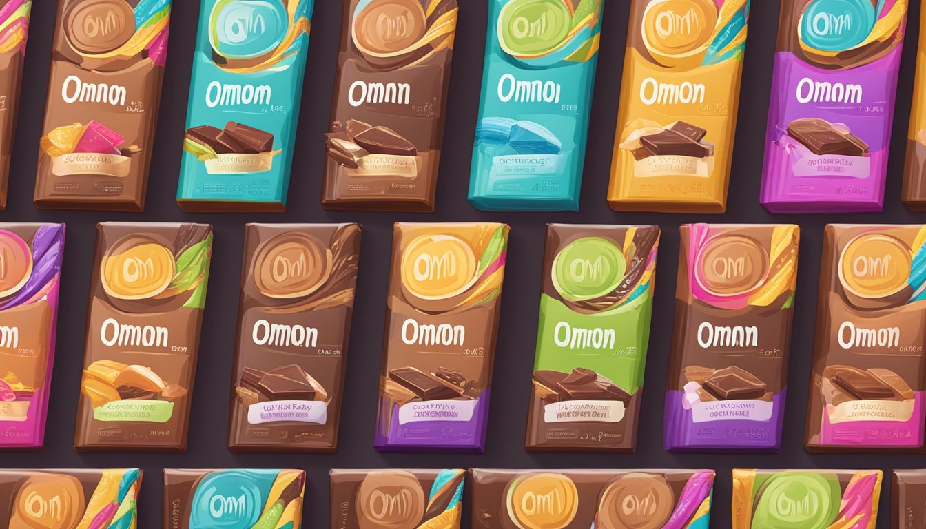 A colorful display of Omnom Chocolate bars and packaging, arranged neatly on a shelf with a "buy online" sign nearby