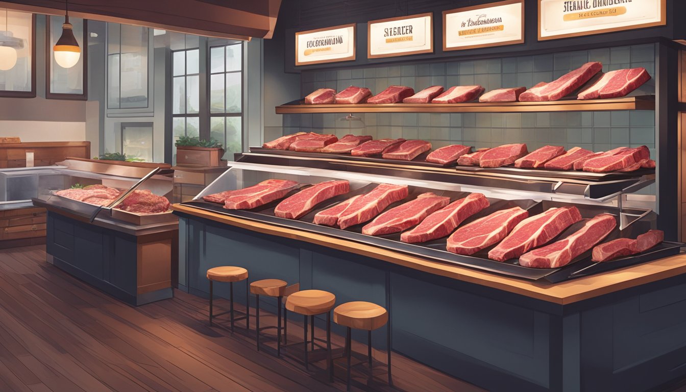 A display of tomahawk steaks in a butcher shop in Singapore, with the meat showcased on a clean, well-lit counter