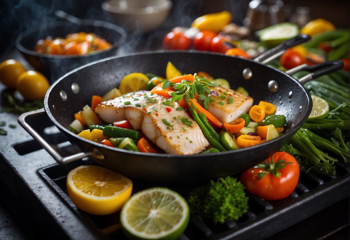 Cod fish sizzling in a wok with colorful vegetables and aromatic spices