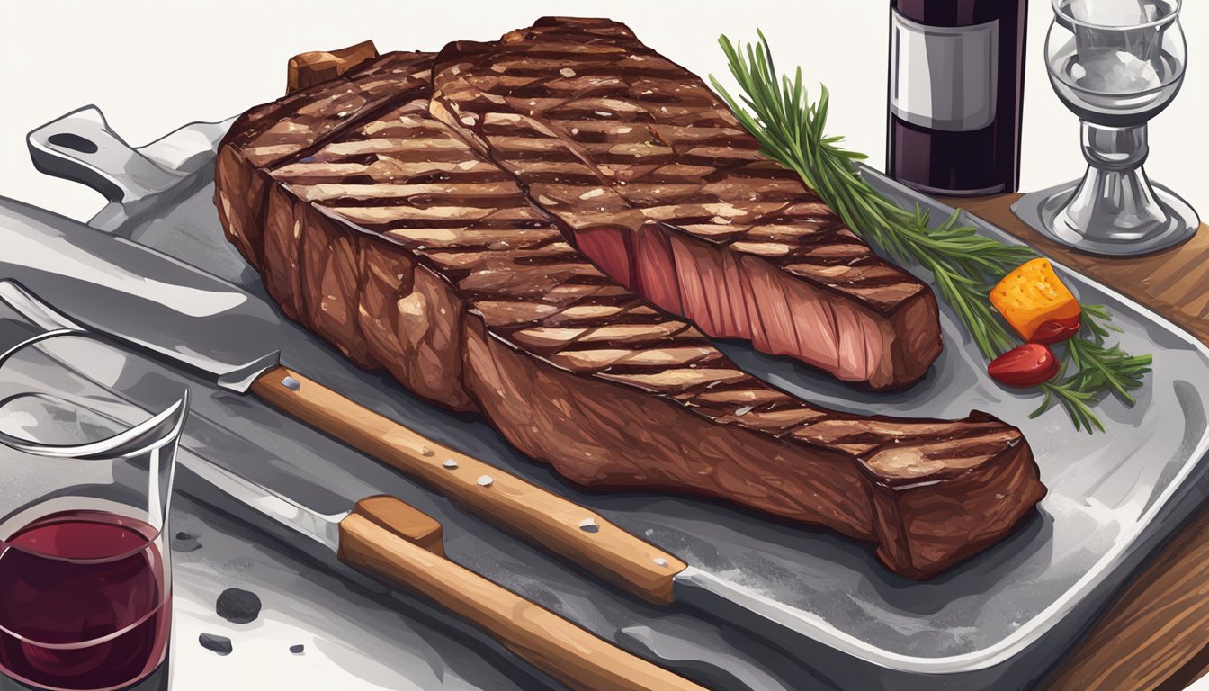 A sizzling tomahawk steak is being grilled on a hot barbecue. The chef is seasoning it with salt and pepper, creating a mouthwatering aroma. A glass of red wine sits nearby, ready to be enjoyed with the perfectly cooked steak