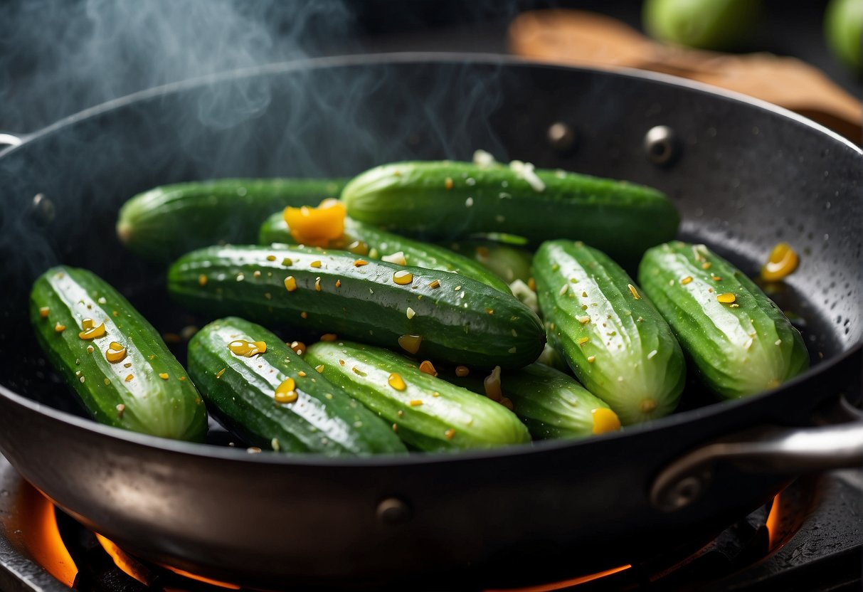 Cucumbers sizzling in a wok with garlic and soy sauce. Steam rising, vibrant colors