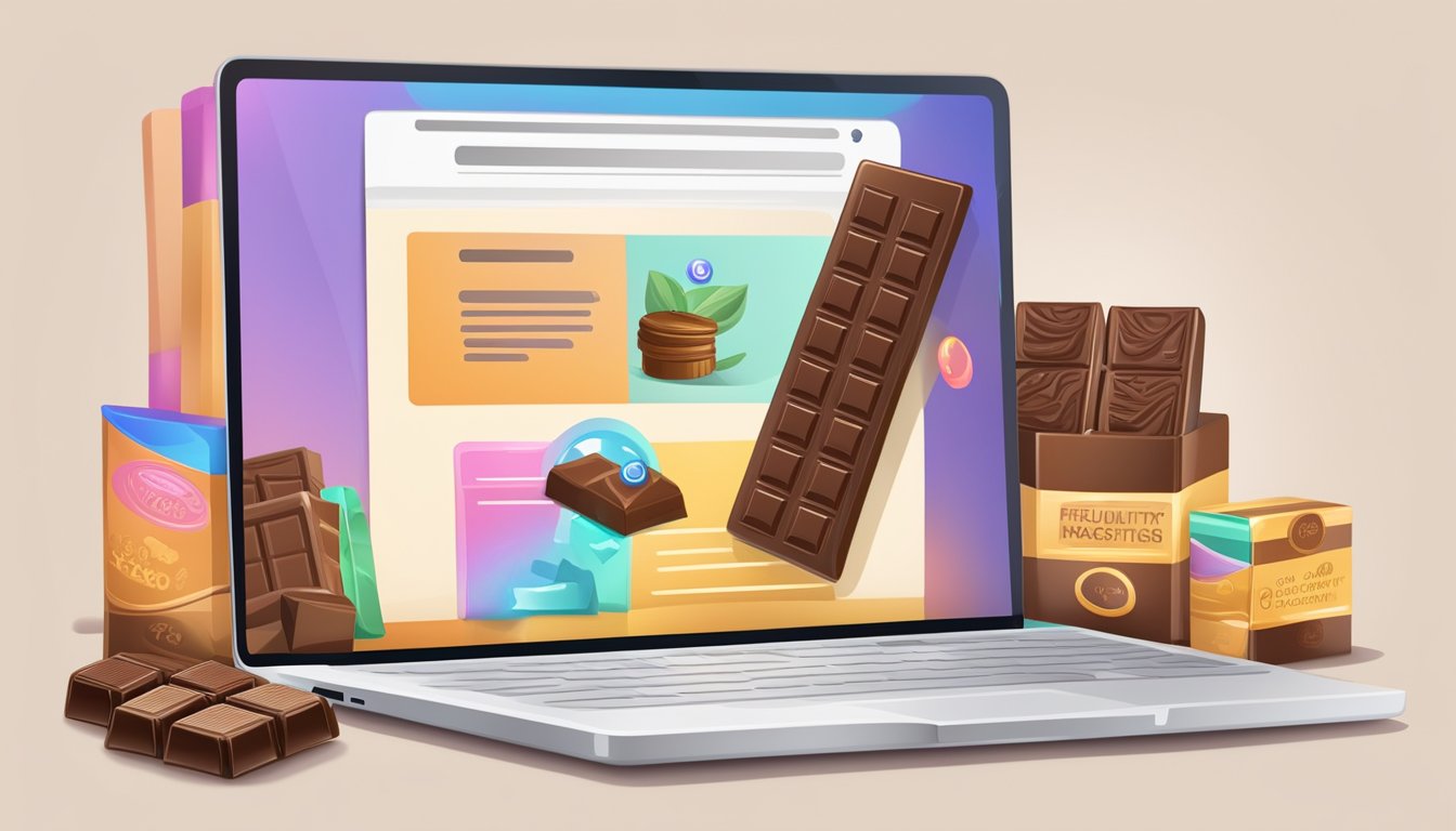 A laptop displaying a webpage with "Frequently Asked Questions" and a variety of chocolate products available for purchase online