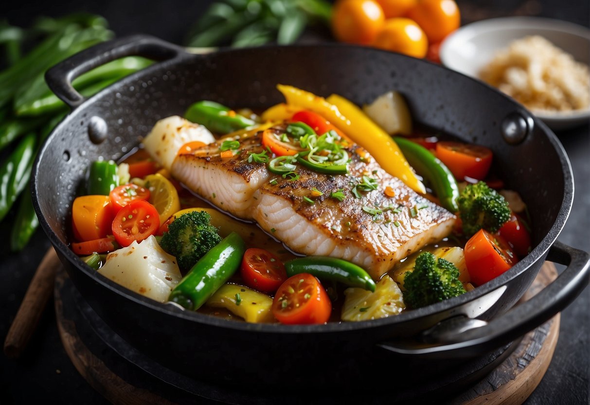 Cod fish sizzling in hot oil, surrounded by colorful vegetables and aromatic spices in a wok