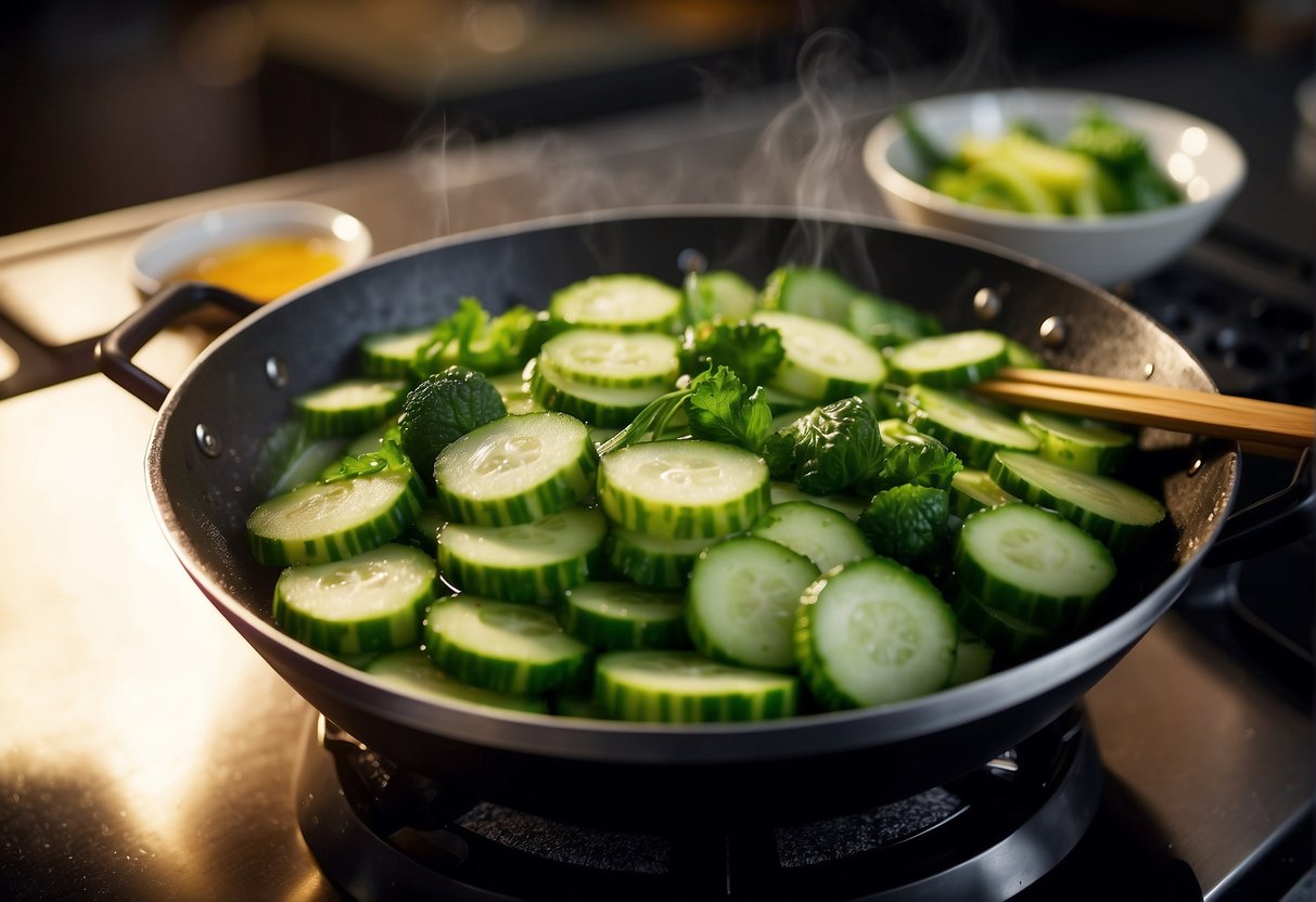 A wok sizzles with cucumber slices, stir-frying in a fragrant Chinese sauce. Steam rises as the vegetables glisten with a glossy glaze