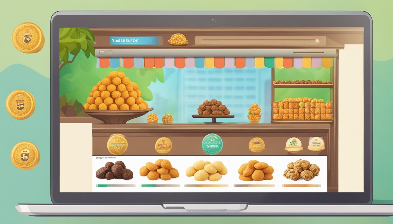 A computer screen displaying a website with the option to purchase Tirupati laddu online, with images of the sweet treat and a "buy now" button