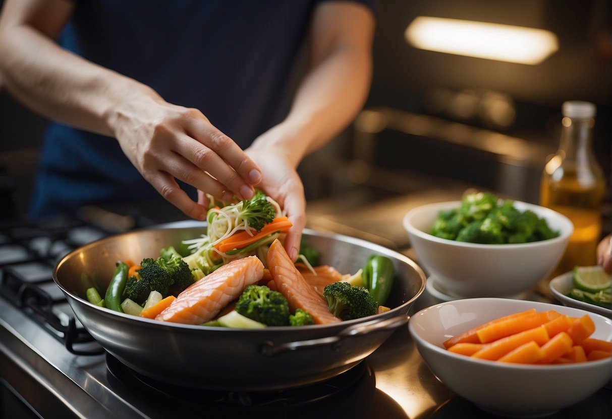 A hand reaches for cod fish, ginger, garlic, and vegetables on a kitchen counter for a Chinese stir-fry recipe