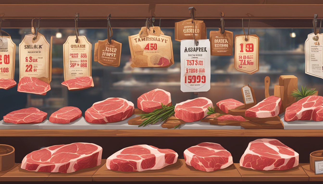 A butcher shop display featuring tomahawk steaks with price tags, surrounded by signs advertising their availability in Singapore