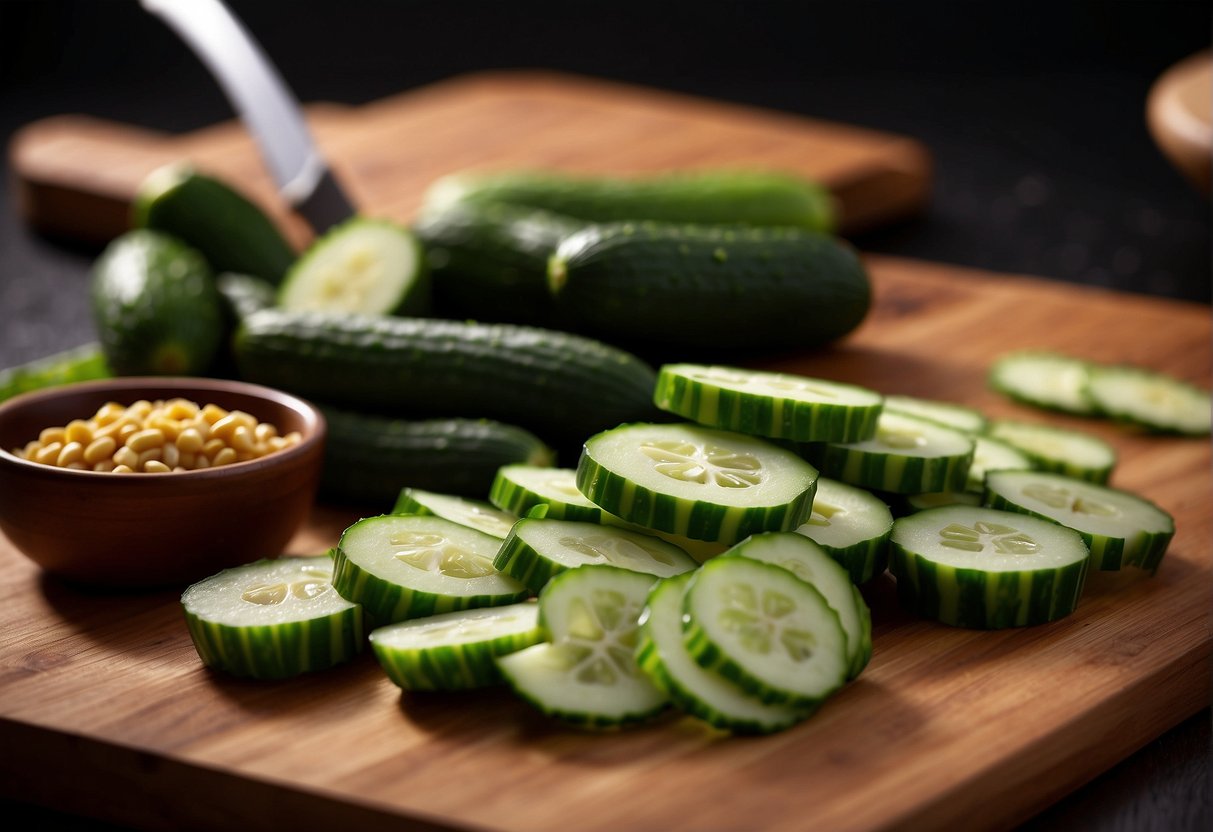 Fresh cucumbers, soy sauce, garlic, and ginger on a cutting board. A chef's knife slices the cucumber into thin strips for stir-frying