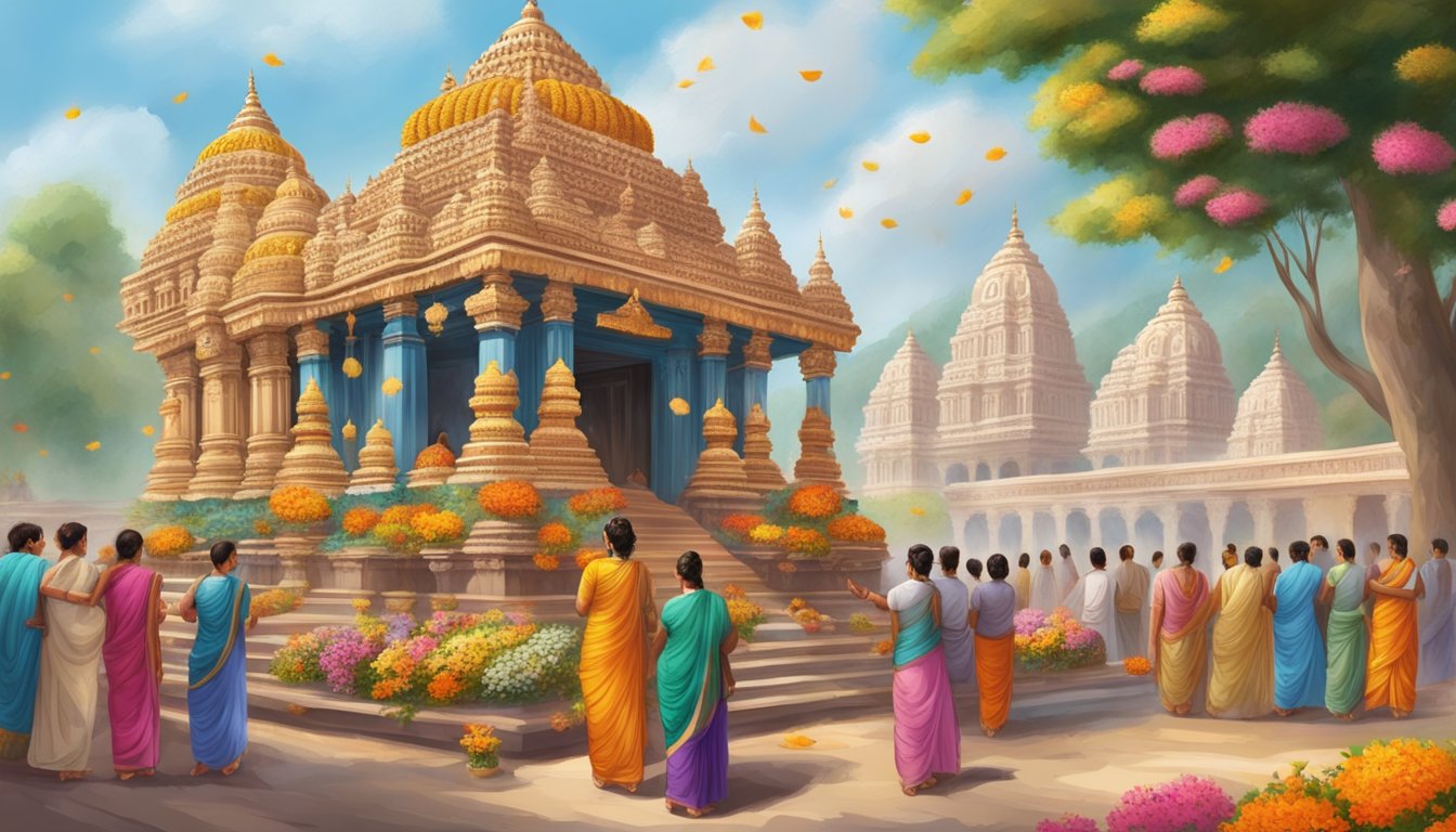 A colorful temple adorned with intricate carvings and surrounded by devotees offering flowers and incense, with the sweet aroma of Tirupati laddu filling the air