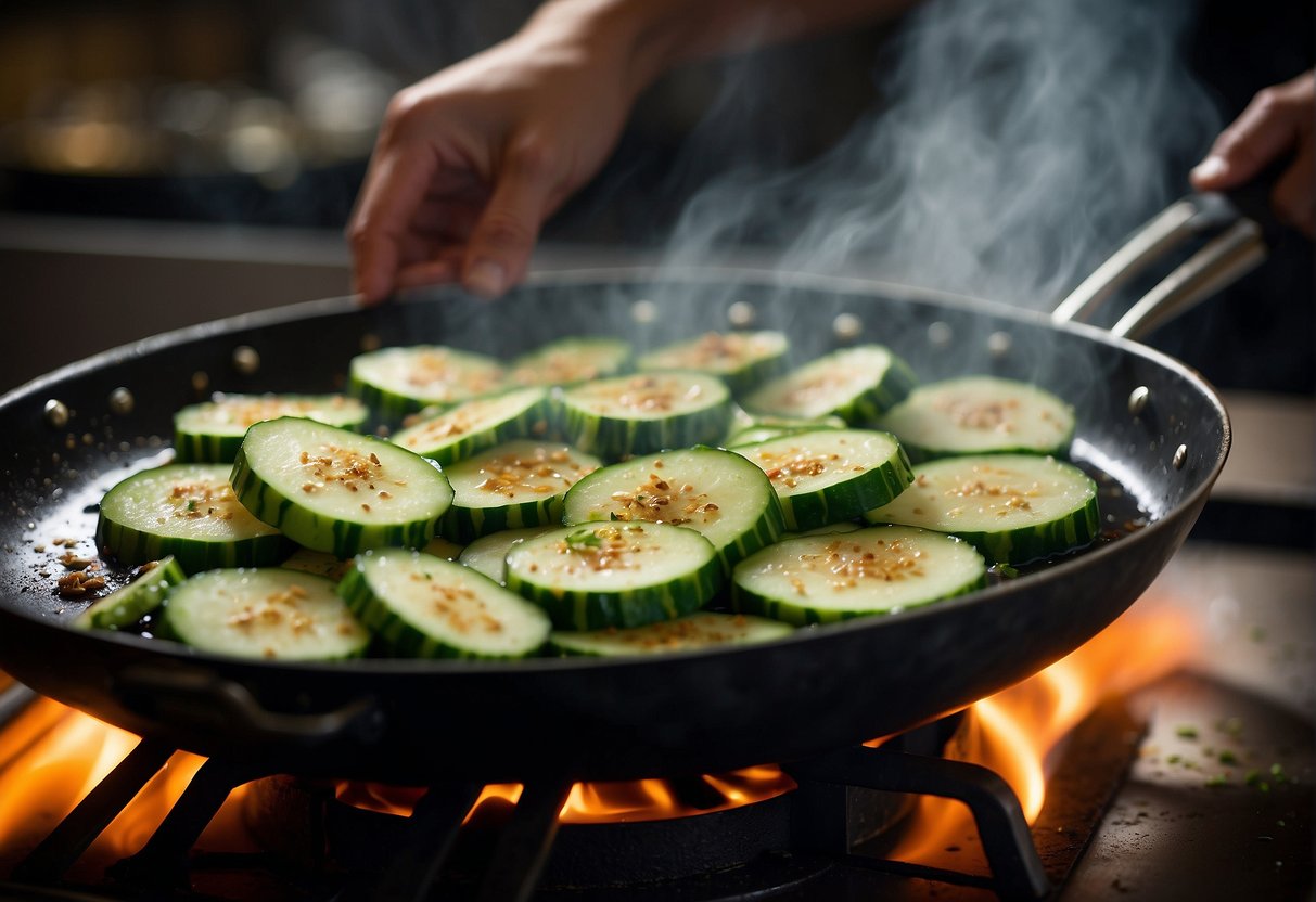 Sizzling cucumber slices in a wok with soy sauce and garlic. Steam rises as the vegetables cook, filling the air with savory aromas