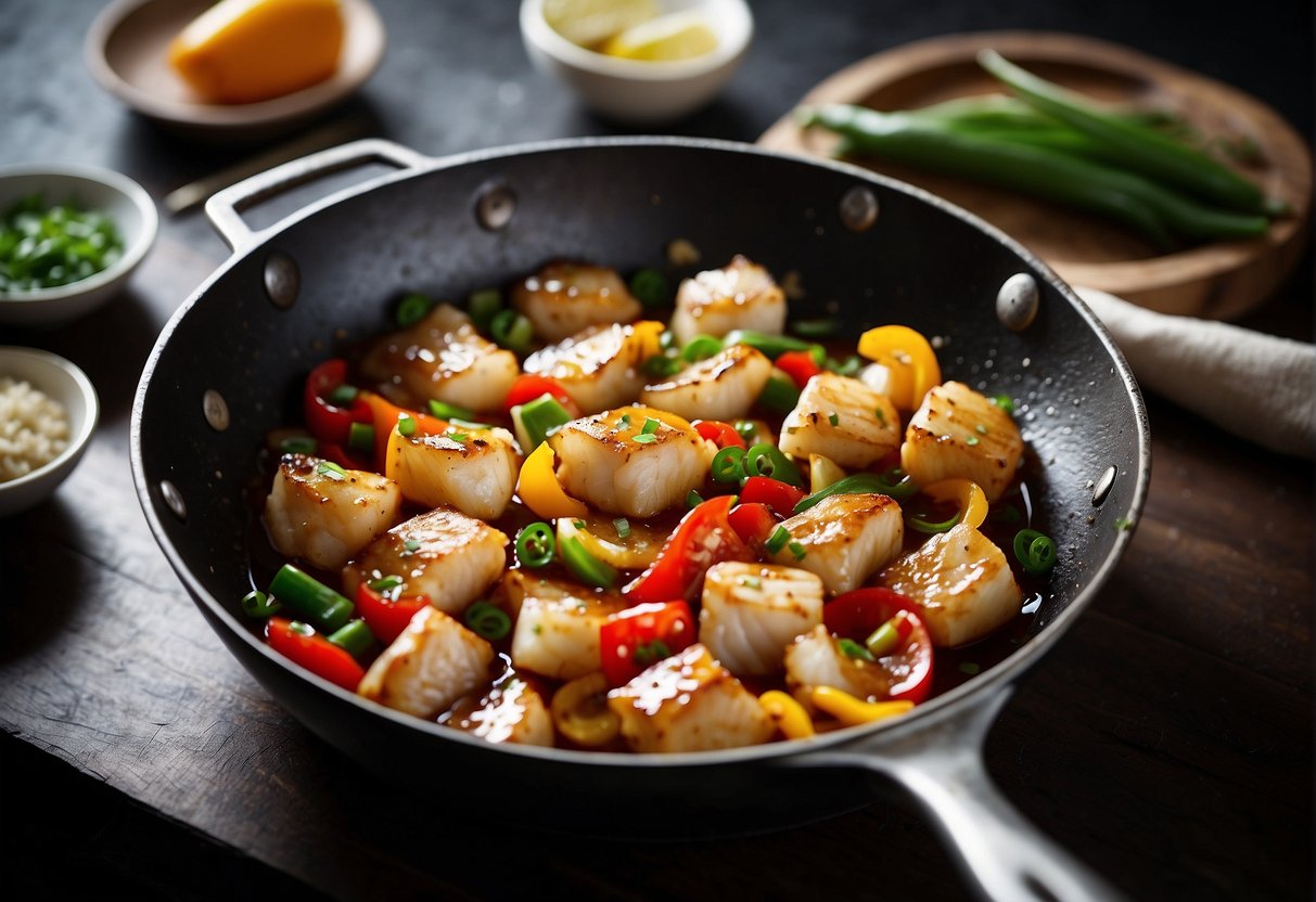 Cod fish fillets being marinated in soy sauce and ginger, then stir-fried with garlic, bell peppers, and green onions in a sizzling wok