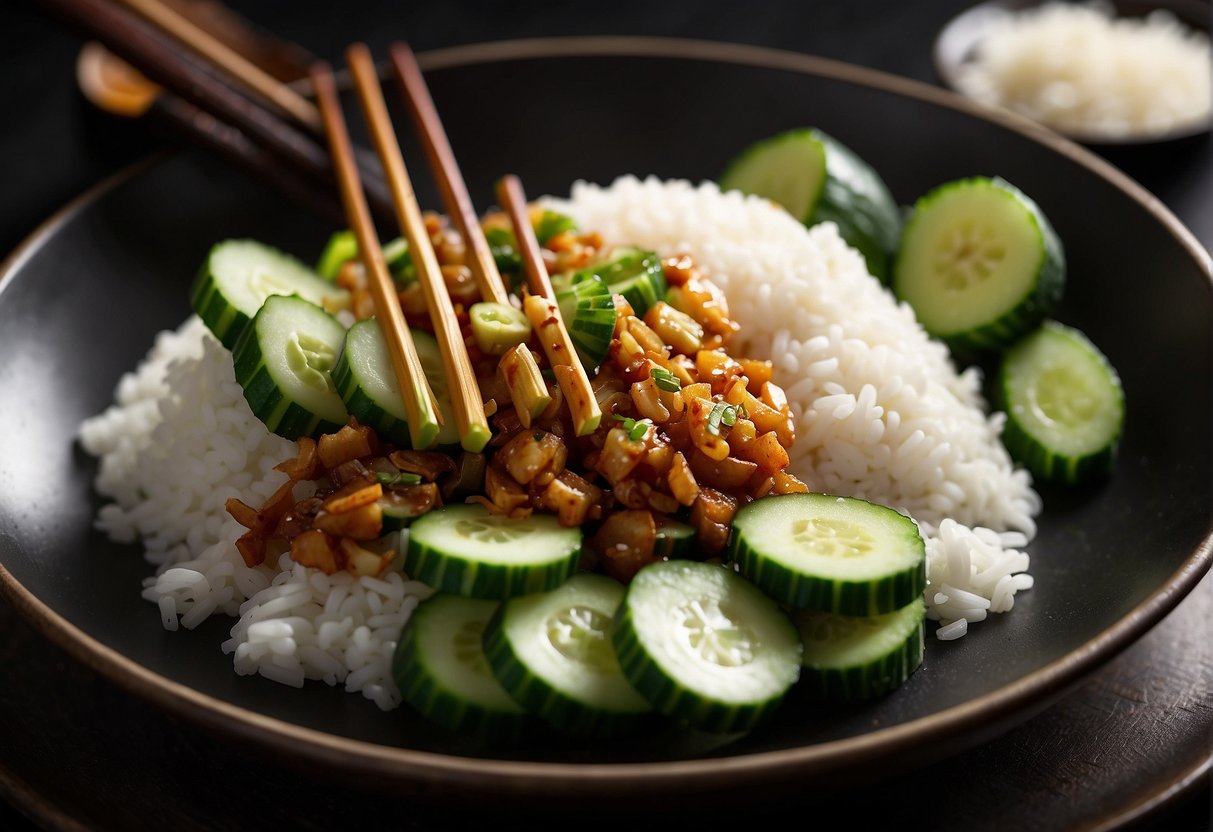 A sizzling wok of stir-fried cucumber, seasoned with garlic and soy sauce, sits next to a plate of steamed rice. A pair of chopsticks rests on the side, ready for use