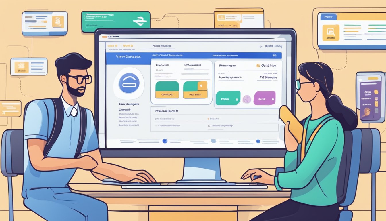 Passengers buying train passes online, clicking through FAQ section. Computer screen shows payment options and customer support contacts
