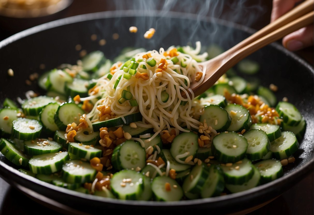 Sizzling wok tosses cucumber, garlic, and ginger in a fragrant soy sauce, creating a tantalizing aroma. The dish is garnished with sesame seeds and green onions, reflecting regional Chinese flavors