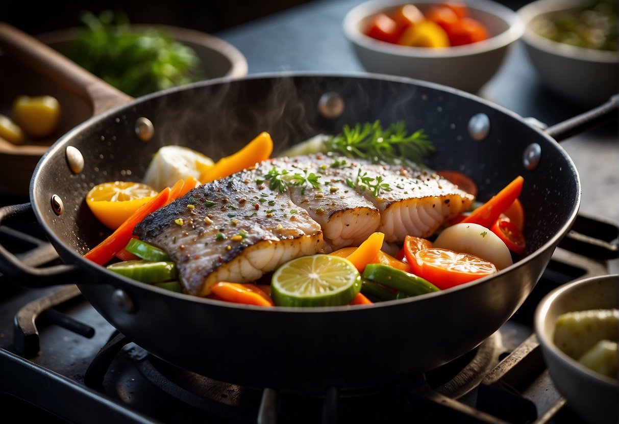 Cod fish sizzling in a wok with colorful vegetables and aromatic spices