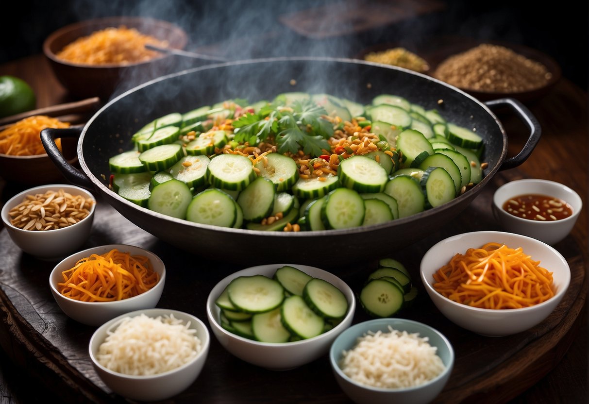 Sizzling wok with stir-fried cucumber, steam rising, Chinese spices and sauces nearby