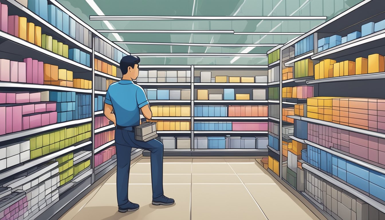 A person choosing tile trim at a hardware store in Singapore. Shelves lined with various options, and a sales associate assisting