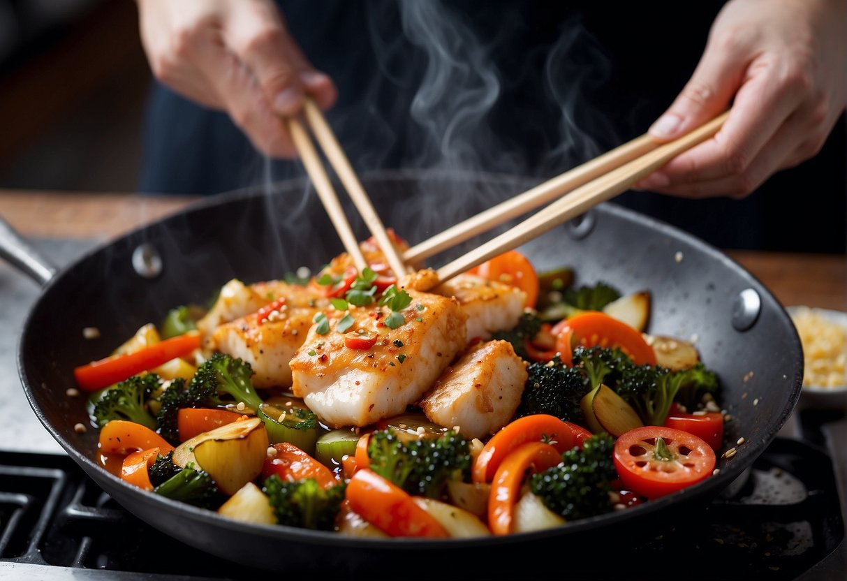 A sizzling wok cooks flaky cod with vibrant vegetables in a fragrant sauce, creating a mouthwatering stir fry dish