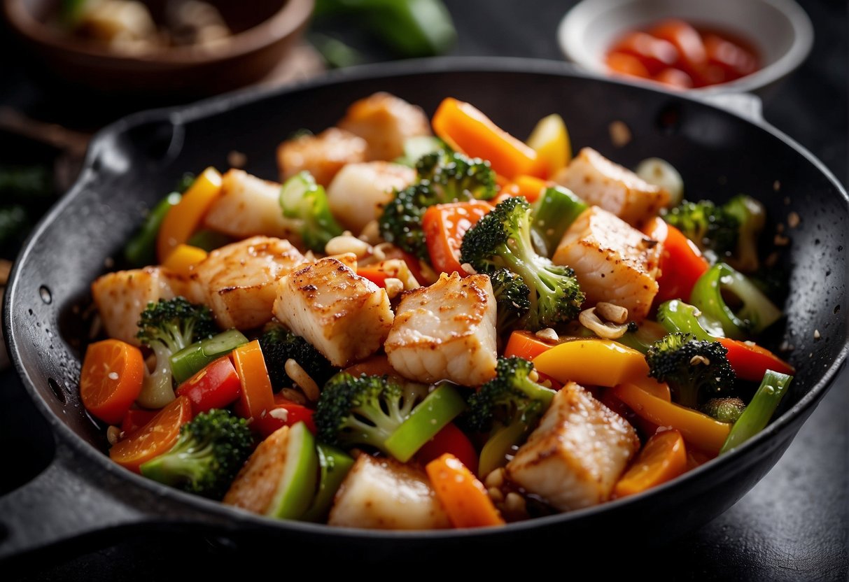 A sizzling wok tosses chunks of cod fish with colorful vegetables in a fragrant Chinese stir-fry